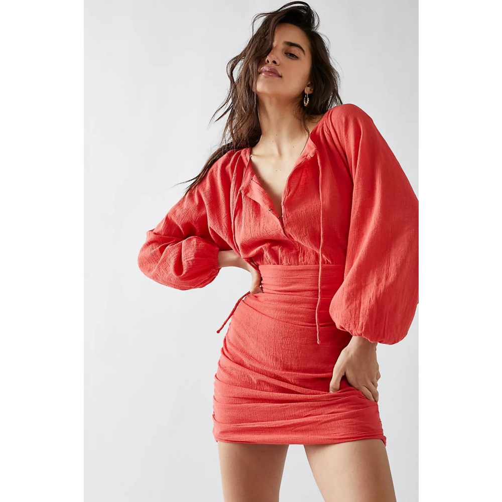 Free People The Only One Mini Dress Ruched Medium Tomato Red Beachy Classic